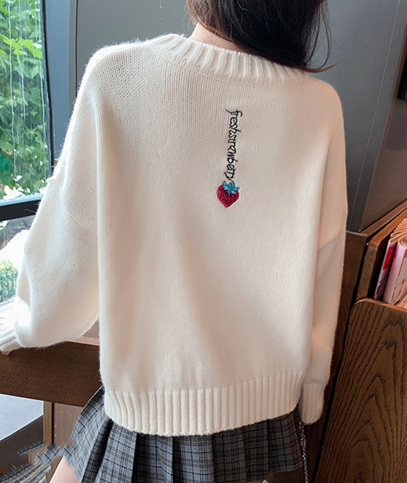 Cute round neck loose sweater strawberry embroidery long sleeve sweater  108