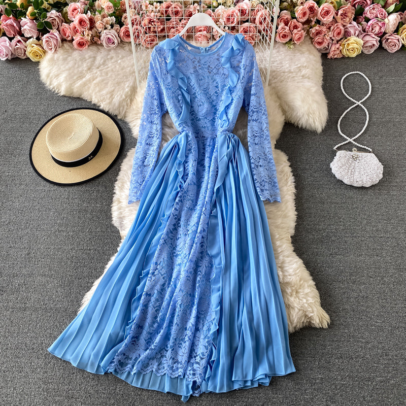 Hollow lace stitched pleated long skirt  3303