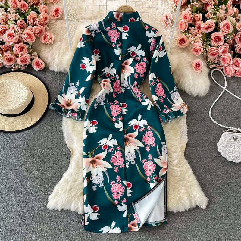 Split cheongsam lace stitched stand collar dress  3244