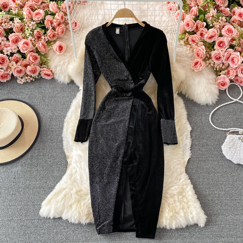 Hot drill velvet dress long skirt waist closing slim cut Hip Wrap Dress  3235