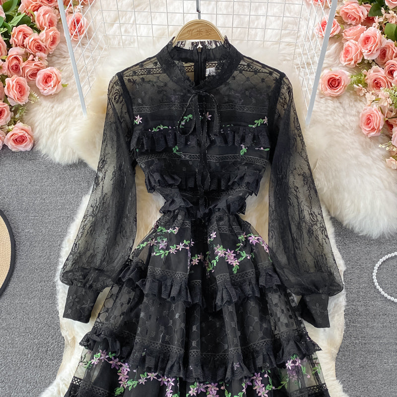 Light luxury stand collar embroidered lace dress  3370