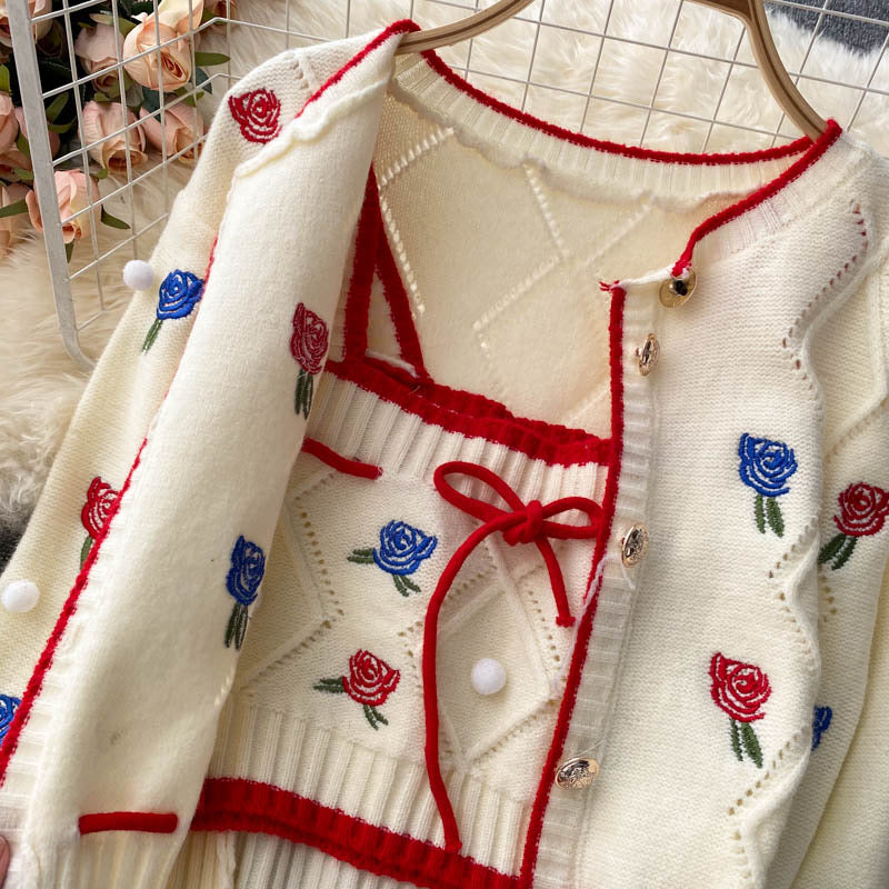 Knit cardigan, vintage, embroider flower, loose long sleeve sweater, short paragraph spaghetti strap top, sweet two sets 1339