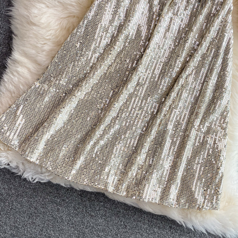 Robe courte à paillettes de luxe haut de gamme à col en V 3068