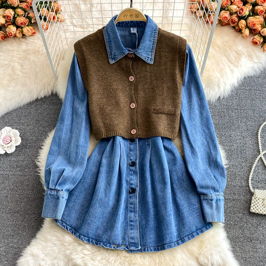 High waist slim long sleeve Lapel denim dress  3378