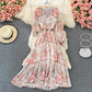 Long sleeve Vintage V-neck Floral Chiffon Dress  3322