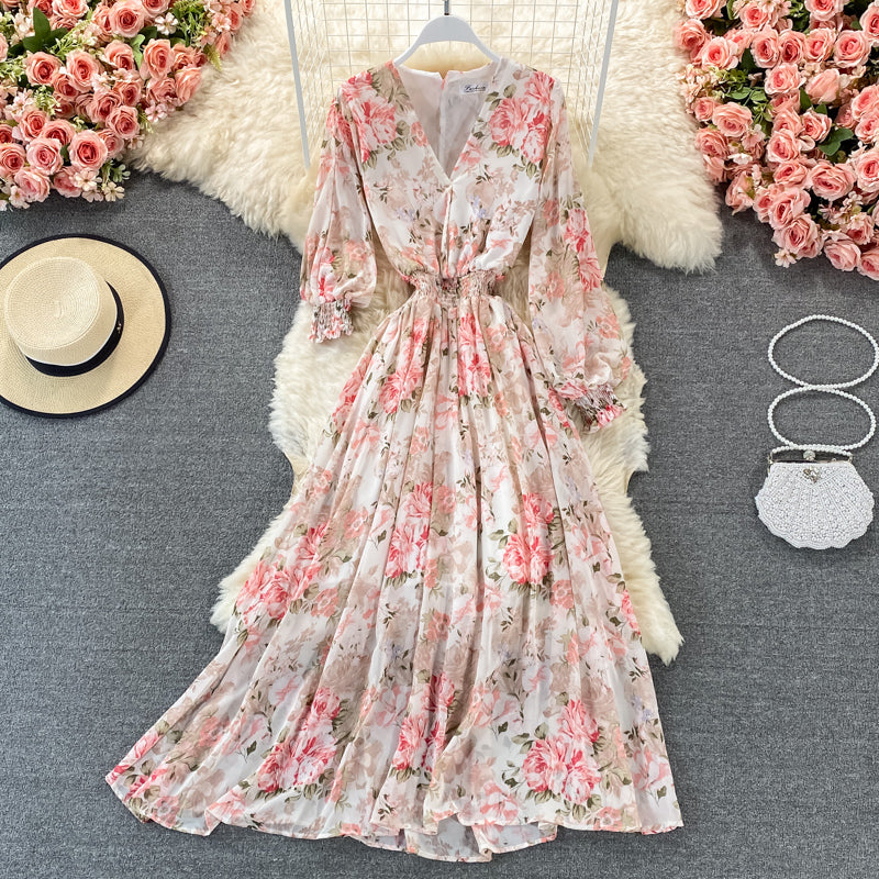 Long sleeve Vintage V-neck Floral Chiffon Dress  3322