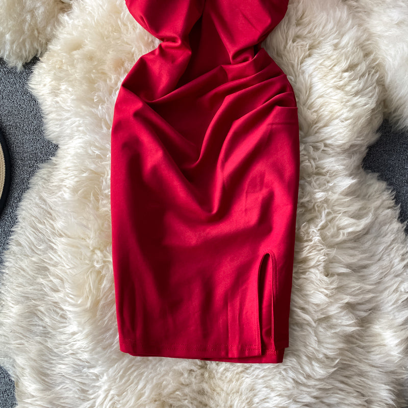 Sexy, rückenfreies, plissiertes, schmales Wickel-Hüftrock-Mode-Split-Kleid 3284