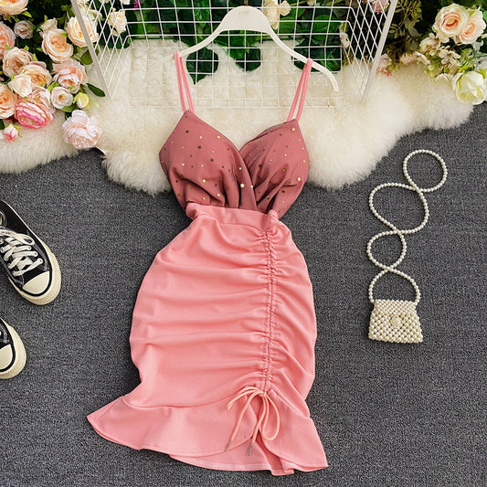 Jupe à bretelles à poitrine basse, col en V, taille serrée, hanches, cordon de serrage, jupe queue de poisson 2931