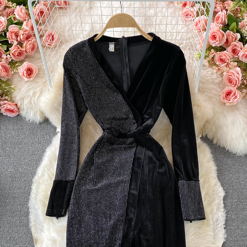 Hot drill velvet dress long skirt waist closing slim cut Hip Wrap Dress  3235