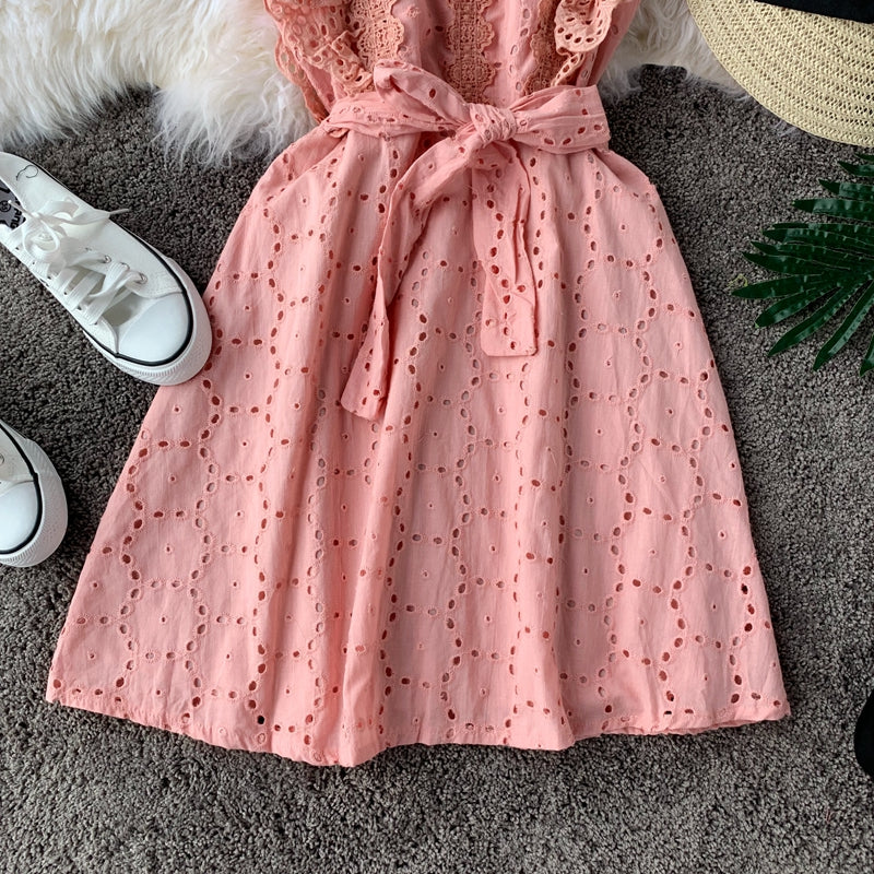 Vintage Lace square neck waist slim dress  2827