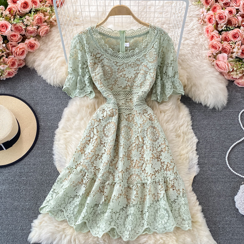 High waist slim water soluble hollow lace fishtail dress  2985