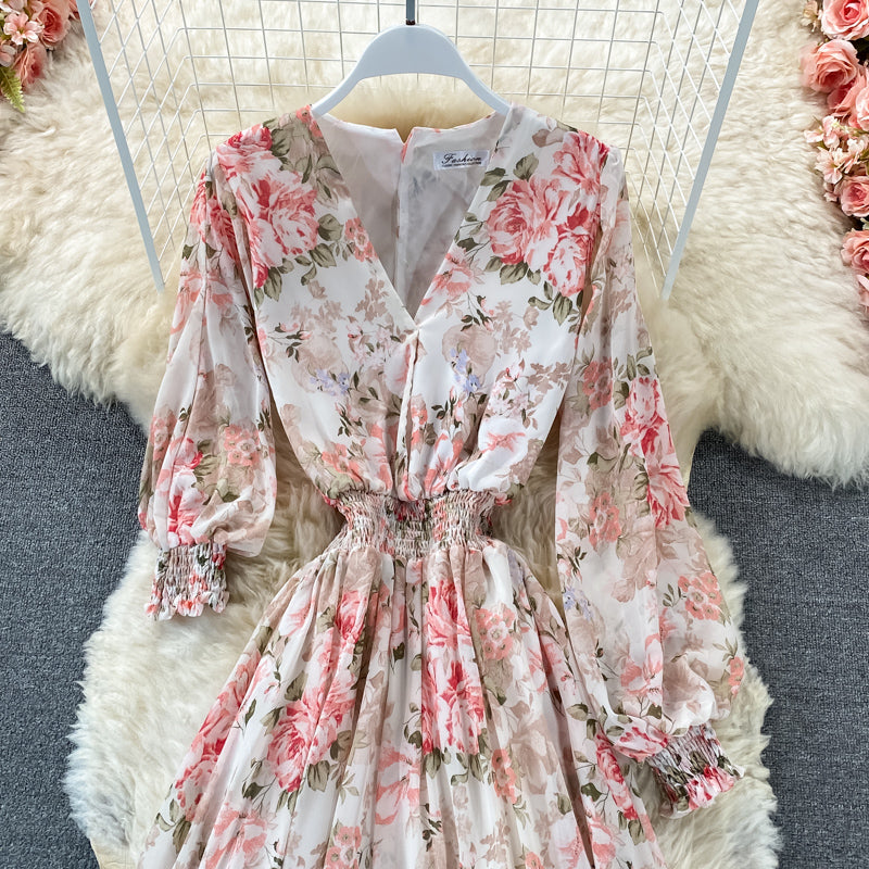 Long sleeve Vintage V-neck Floral Chiffon Dress  3322