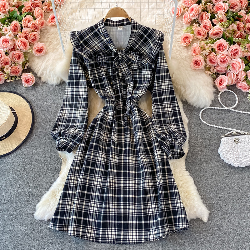 Doll neck bow tie tie mid length dress  3008