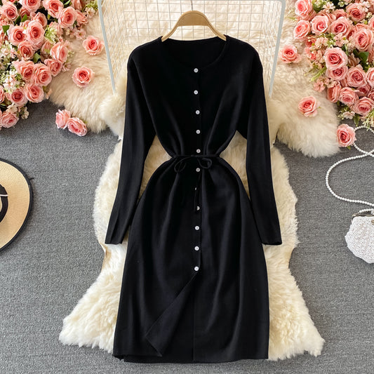 Robe pull en tricot à simple boutonnage et col rond, jupe 3075