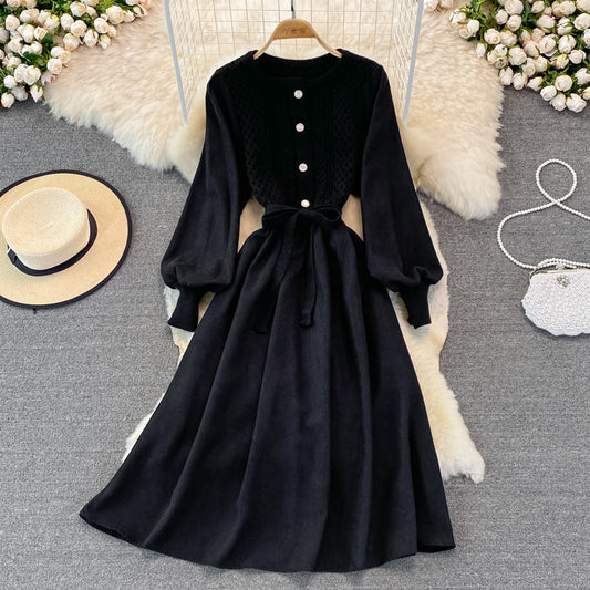 Crew neck twist knit stitched dress  3267