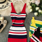 Contrast stripe V-neck vest skirt slim fit Hip Wrap Dress  3276