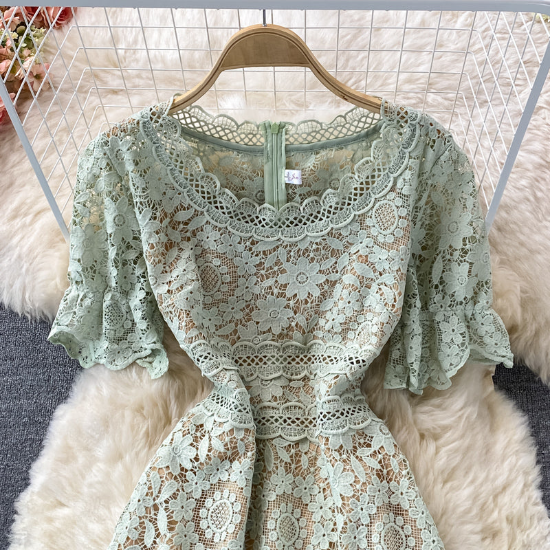 High waist slim water soluble hollow lace fishtail dress  2985