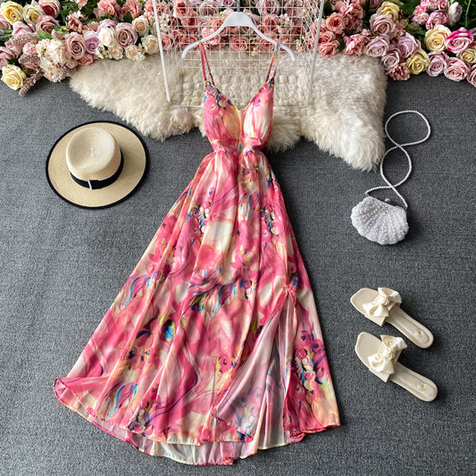 Robe bustier dos nu à bretelles et taille déchiquetée 2837