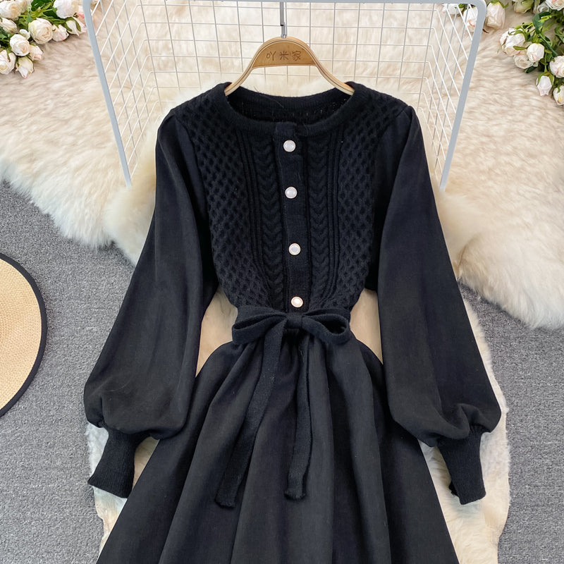 Crew neck twist knit stitched dress  3267