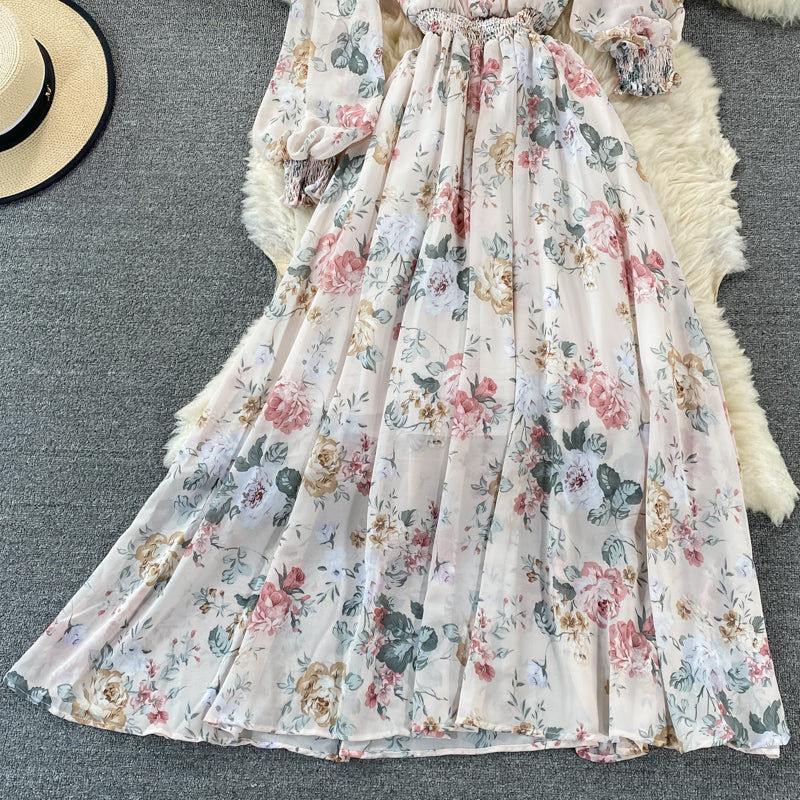 Long sleeve Vintage V-neck Floral Chiffon Dress  3322