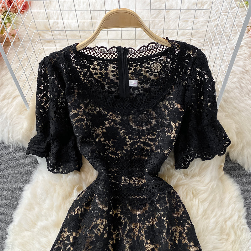High waist slim water soluble hollow lace fishtail dress  2985