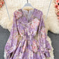 Long sleeve Vintage V-neck Floral Chiffon Dress  3322