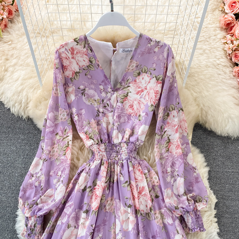 Long sleeve Vintage V-neck Floral Chiffon Dress  3322
