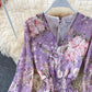 Long sleeve Vintage V-neck Floral Chiffon Dress  3322