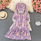 Long sleeve Vintage V-neck Floral Chiffon Dress  3322