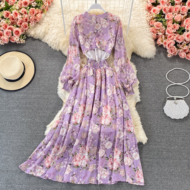Long sleeve Vintage V-neck Floral Chiffon Dress  3322