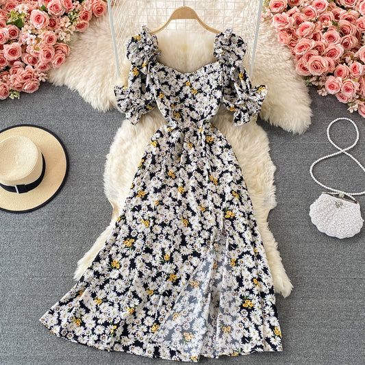 Narrow waist, thin bubble sleeve, first love, gentle wind, long skirt  3344