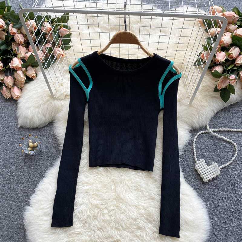 Knitted Blouse women's niche design hollow out color matching long sleeves  1588