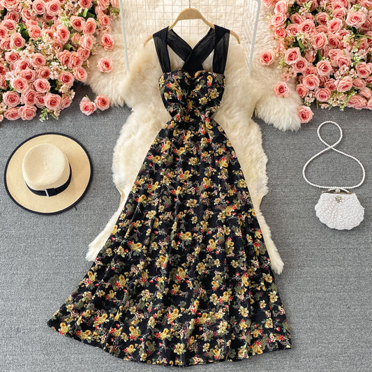 French retro style backless floral suspender dress  2902