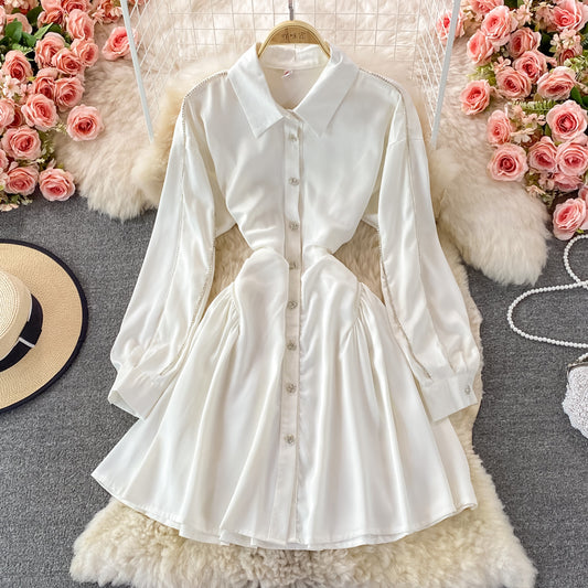 Slim long sleeve A-line shirt skirt waist puffy dress  3356