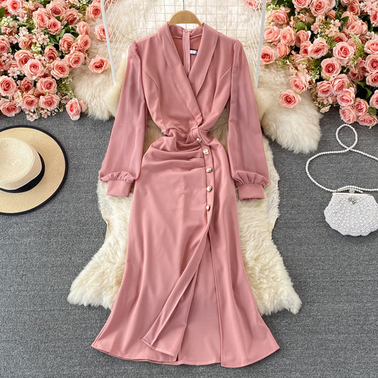 Suit collar waist slit dress elegant temperament Hip Wrap slit skirt  3233