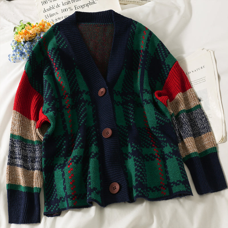 Hong Kong Style checkered single breasted cardigan sweater  1795