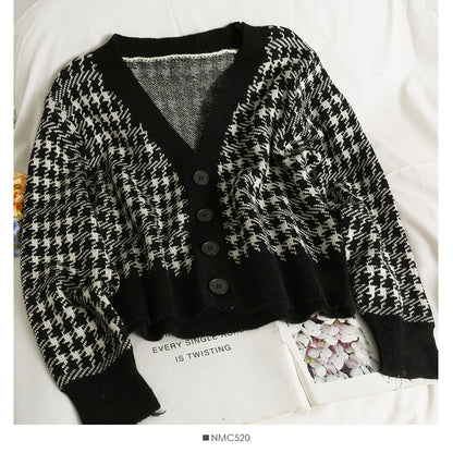 Patchwork bird check long sleeve single breasted cardigan sweater  1911