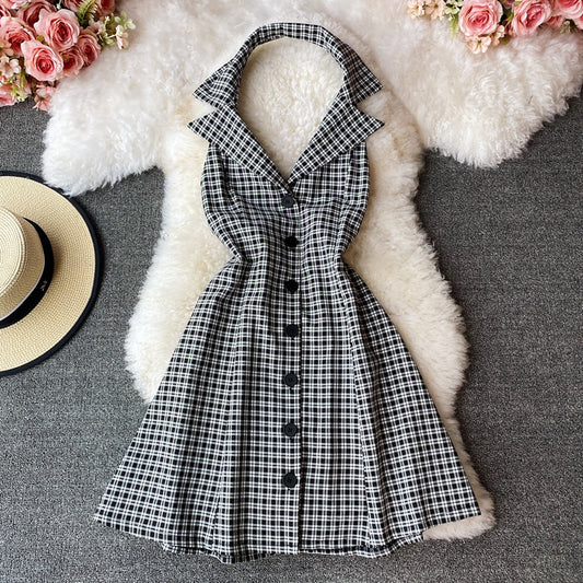 French retro waistband neckline Plaid Dress  2966