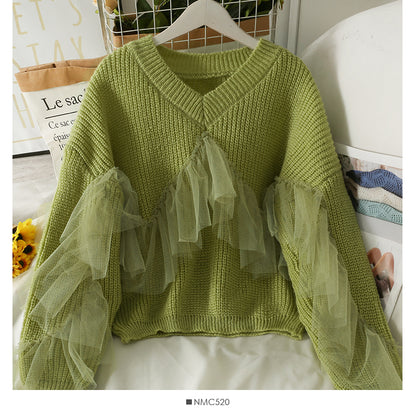 Mesh stitched Ruffle V-neck slim fit knit for women  1918