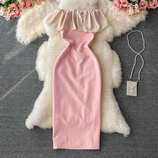 Temperament ruffled off shoulder Strapless Hip Wrap Dress  3204