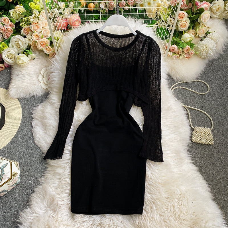 Long sleeved Knitted Blouse hip strap dress  2764