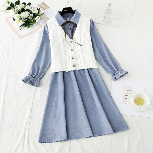 Knitted vest corduroy dress sweet college style fashion suit skirt two-piece set  2307