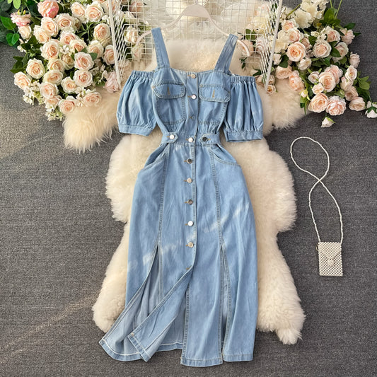 Versatile slim temperament medium long suspender dress women  2982