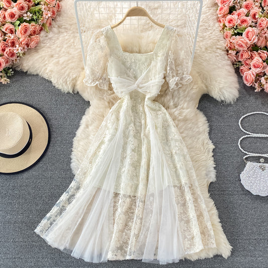 Robe à manches bouffantes avec jupe féerique en maille de tempérament 3332