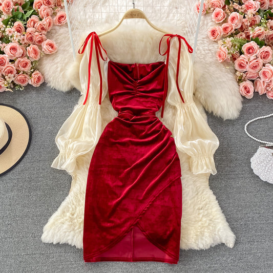 Sexy bubble sleeve temperament slim wrap hip dress  3264