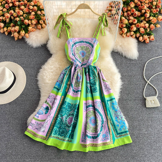 Printed strapless dress medium length high waist slim suspender skirt  3222
