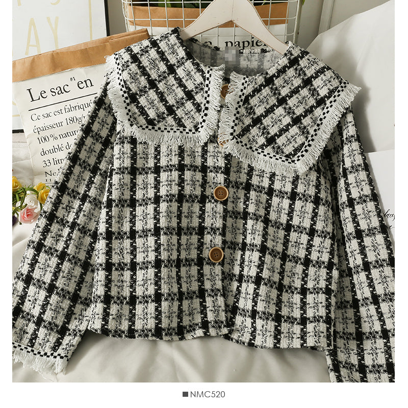 Retro-Quasten im Hongkong-Stil, Woll-Babykragen, Tweed, kurzer Mantel im Hemdstil, Damen 2119