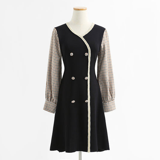 Dress long sleeve aging temperament Plaid knitted skirt with slim waist  2426