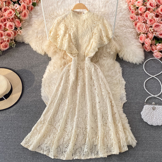 Französisches schlankes Temperament schmales Spitzenkleid mit Stehkragen 3340