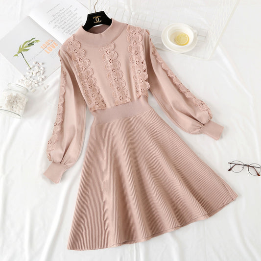 Knit wool skirt over knee Lace Panel with long skirt inside  2243